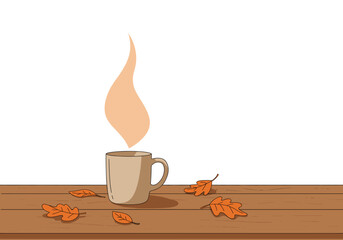 Warm cup of coffee steaming on wooden table with autumn leaves  