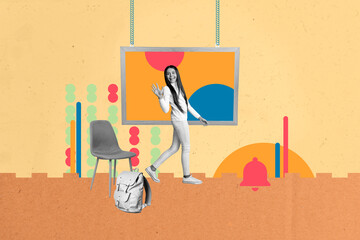 Full 3d art trend collage of happy teenager schoolgirl wave hand walk classroom board chair...