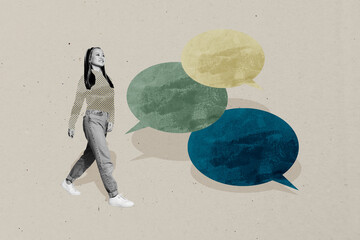 Collage of colorful speech bubbles symbolizing digital chatting modern communication internet...