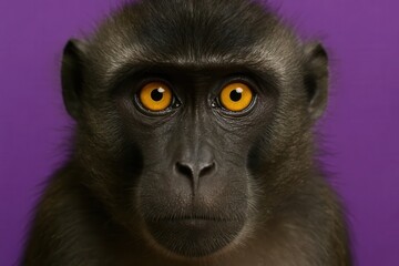 Fototapeta premium A striking portrait of a black macaque with captivating yellow eyes against a vibrant purple backdrop