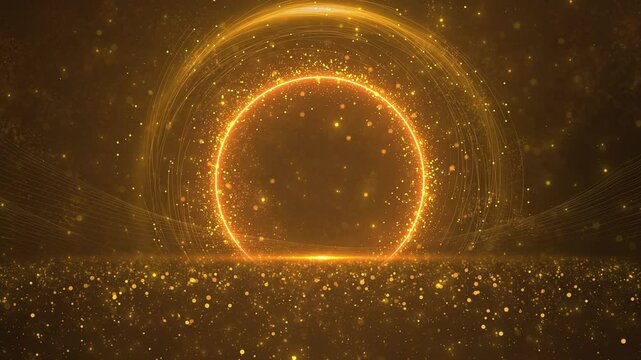 golden glitter spark ring circle deep with sparkling fireworks and golden light, applicable for milestone events, birthdays, anniversaries, and party decorations holiday, wedding background,