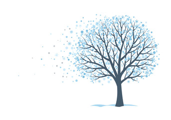 Bare tree in winter season with falling snowflakes on white background  
