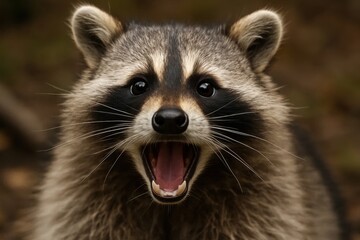 A wild raccoon's fierce gaze captures attention as it roars into the camera lens