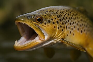 Fototapeta premium A close-up of a brown trout's open mouth, revealing its formidable teeth and alert eyes