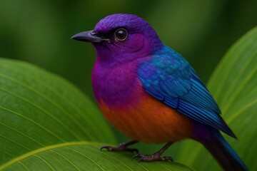 Obraz premium A vibrant purple bird with striking blue wings and an orange belly perches on a lush green leaf, embodying the beauty of nature