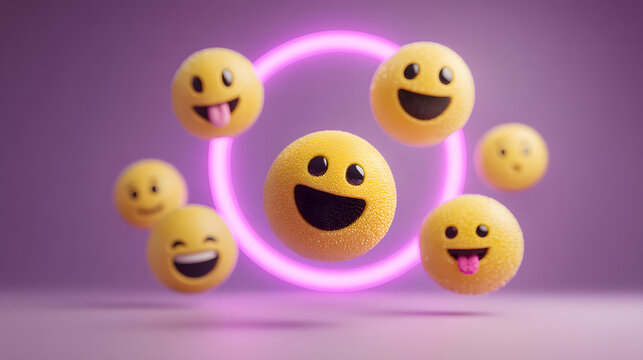 3D Emoji Faces Floating in Neon Circle Happy Funny and Playful Emoticons - Powered by Adobe