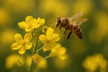 Amidst a sea of yellow blooms, a lone bee takes flight, its wings spread wide in a dance with nature