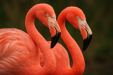 Obraz premium Two vibrant pink flamingos stand side by side, their bright feathers contrasting with a blurred green background