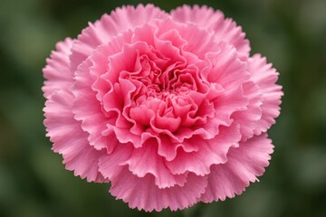 A single, radiant pink carnation stands out against a blurred green backdrop, its delicate petals unfurling in a display of nature's artistry