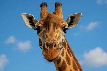 Fototapeta premium A serene moment with a majestic giraffe against a backdrop of clear blue skies