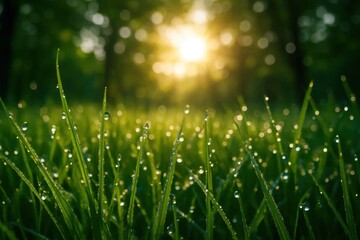 A Serene Sunrise Over a Lush Meadow of Sparkling Water Droplets