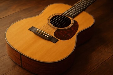 Fototapeta premium A Wooden Acoustic Guitar Resting on a Polished Wooden Stage