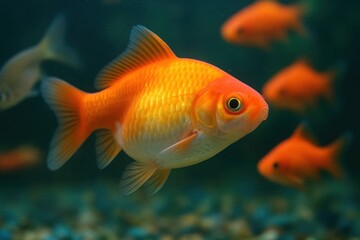 Fototapeta premium A vibrant goldfish swims gracefully amidst a school of orange fish in a serene underwater habitat