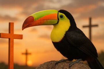 Obraz premium A Toucan's Watchful Gaze Over a Cross-Adorned Sunset