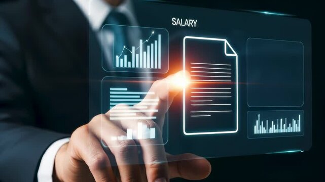 Businessman interacts with glowing virtual interface showing salary payroll system, charts, and digital pay slip, representing finance document, e-statement, online payment and payroll management.