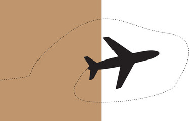 Silhouette airplane flying on a route between brown and white backgrounds simple travel illustration