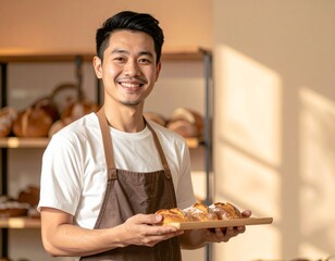 Baker Presenting Bread: A smiling Asian baker proudly displays a wooden board of freshly baked bread in his cozy bakery. Warm sunlight streams through the window, enhancing the inviting atmosphere.