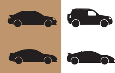 Silhouette collection of four distinct car types sedan suv coupe sports car in black