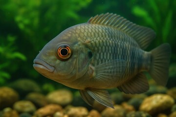 Amidst the tranquil waters of a lush aquarium, a solitary cichlid fish gazes with curiosity and calmness, its scales shimmering in shades of brown and green