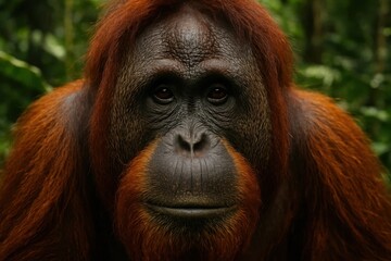 A close-up portrait of a majestic orangutan in its natural habitat, showcasing the striking contrast between its vibrant red fur and the lush greenery that surrounds it
