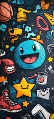 Colorful, cartoonish graffiti art with various objects