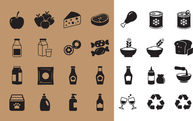 Set of black and white icons representing food drink and recycling symbols isolated