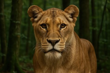 Naklejka premium A lioness stands poised in the heart of a verdant forest, her gaze steady and unwavering