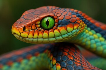 Fototapeta premium a snake's striking green eye gazes into the depths of its colorful, patterned body