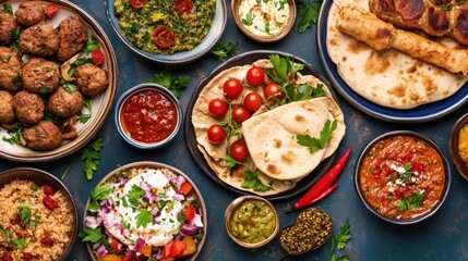 Colorful Indian Cuisine Spread with Varied Dishes and Ingredients