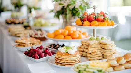 Colorful Brunch Table with Pancakes, Fruits, and Fresh Ingredients