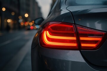 An urban nightscape unfolds as a sleek car's brake lights glow in the city's embrace