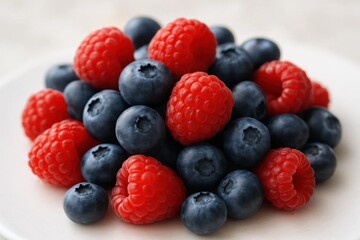 A vibrant medley of fresh blueberries and ripe raspberries, showcased on a pristine white plate, invites a healthy snack or dessert