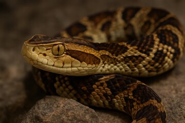Fototapeta premium A close-up of a brown and black striped snake coiled on the ground