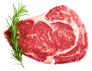 Raw Beef Ribeye Steak with Marbling and Fresh Rosemary, Top-Down View, Isolated on Transparent Background