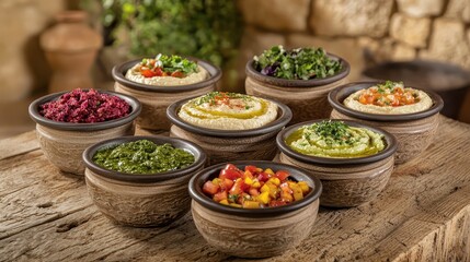 Fototapeta premium Assorted Bowls of Colorful Hummus and Toppings on Wooden Table