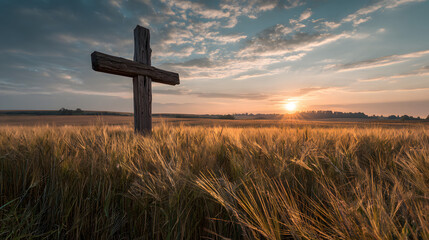 Wooden cross in a wheat field at sunset, A weathered wooden cross standing in the middle of a golden wheat field at sunset,