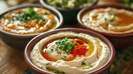 Assorted Bowls of Creamy Hummus with Spices and Fresh Herbs