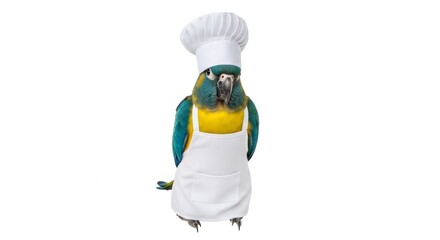 Fototapeta premium parrot dressed as a chef, wearing an apron and a tall chef’s hat, standing upright on a white background with a friendly and professional expression