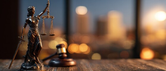 The statue of Lady Justice holding scales in a courtroom setting.