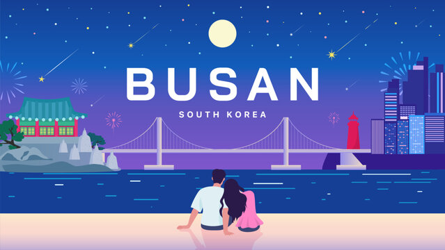 Busan, South Korea poster vector illustration. Beautiful Busan night and a couple leaning on each other