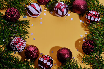 Christmas new year yellow background. Place for the text in Christmas decoration.
