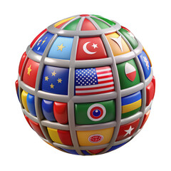 Stylized globe with various national flags isolated on transparent background