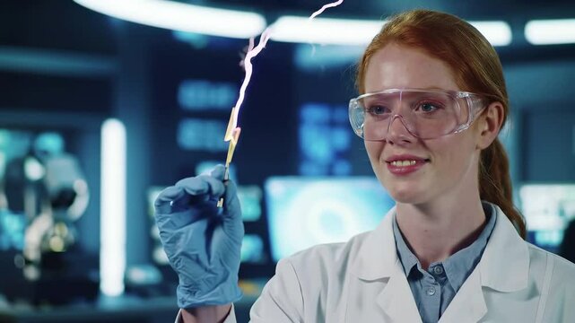 Female scientist in laboratory conducting research experiment with electrical reaction. Chemistry biology analysis, medical testing development. Professional lab equipment, safety goggles, innovation