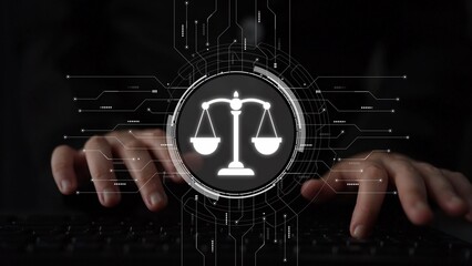 Futuristic digital law interface displaying justice scale, highlighting digital law, AI compliance,...