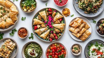Diverse Feast of Middle Eastern Cuisine with Colorful Dishes and Snacks