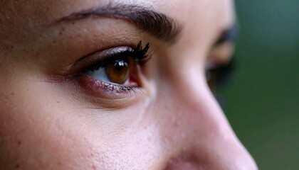 Close-up of a person's brown eye and face, looking toward the right