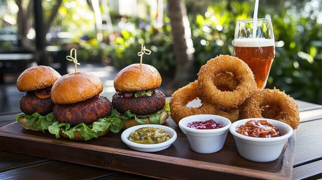 Delicious Sliders with Onion Rings and Sauces in a Sunny Setting