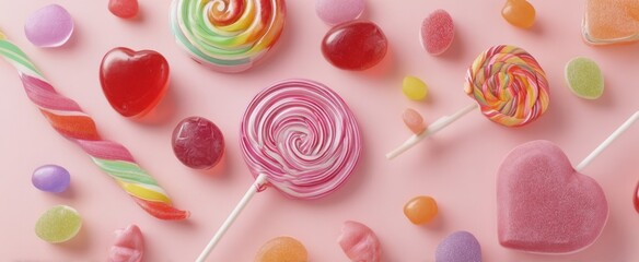 The Sweet Collection of Colorful Candy and Lollipops on Pink Background