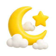 3D yellow moon and star icon with white clouds, isolated on transparent background