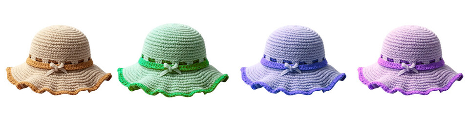 Collection of colorful straw hats with ribbons on transparent background for fashion concept